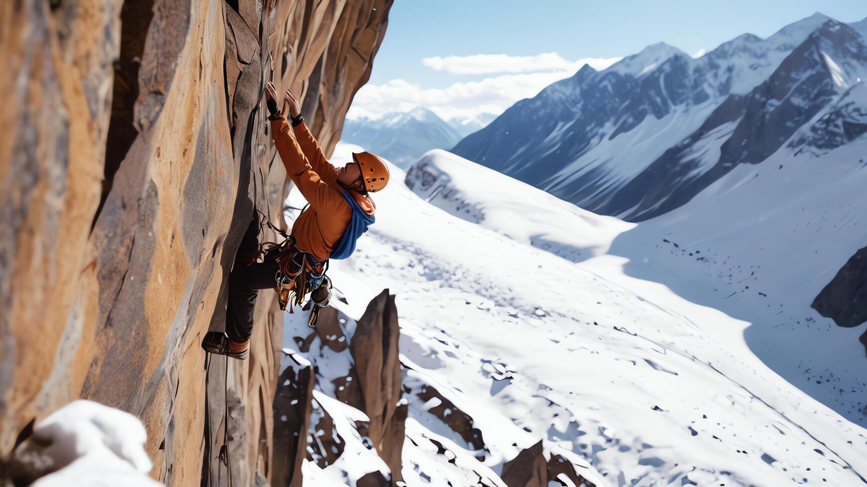 rock climbers are climbing a snow cliff, with a snow mountain landscape photo