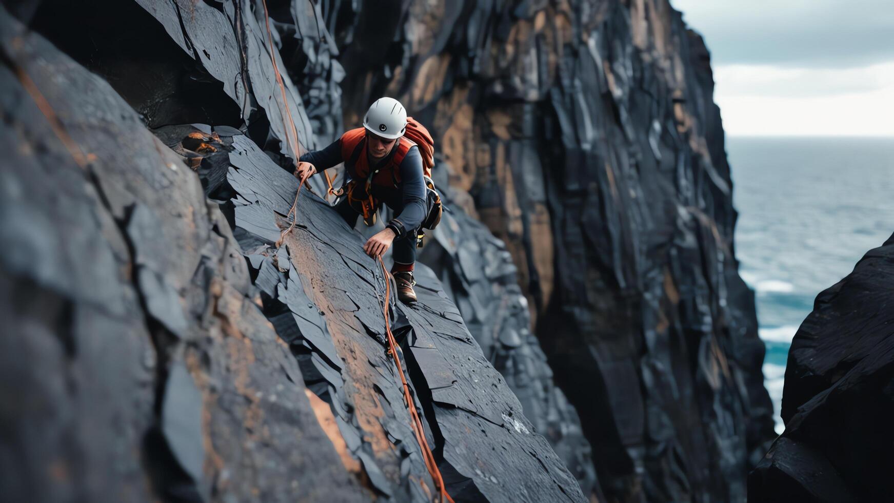 rock climbers are climbing coral cliffs, with a landscape of the ocean below photo