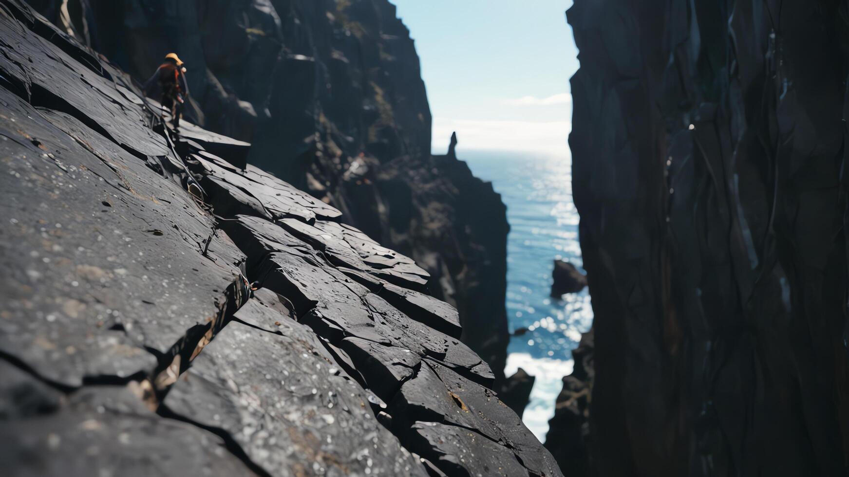 rock climbers are climbing coral cliffs, with a landscape of the ocean below photo