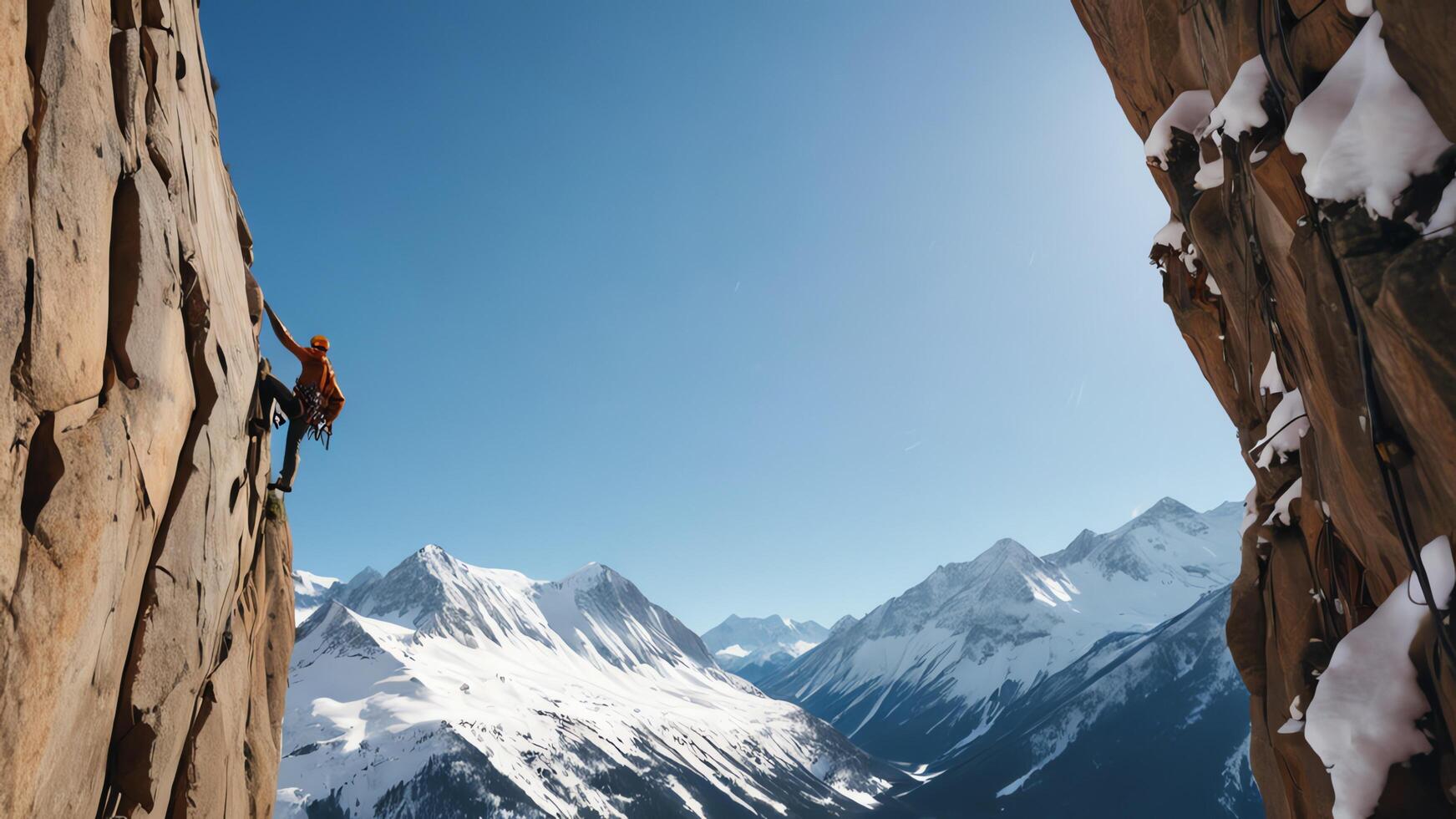 rock climbers are climbing a snow cliff, with a snow mountain landscape photo