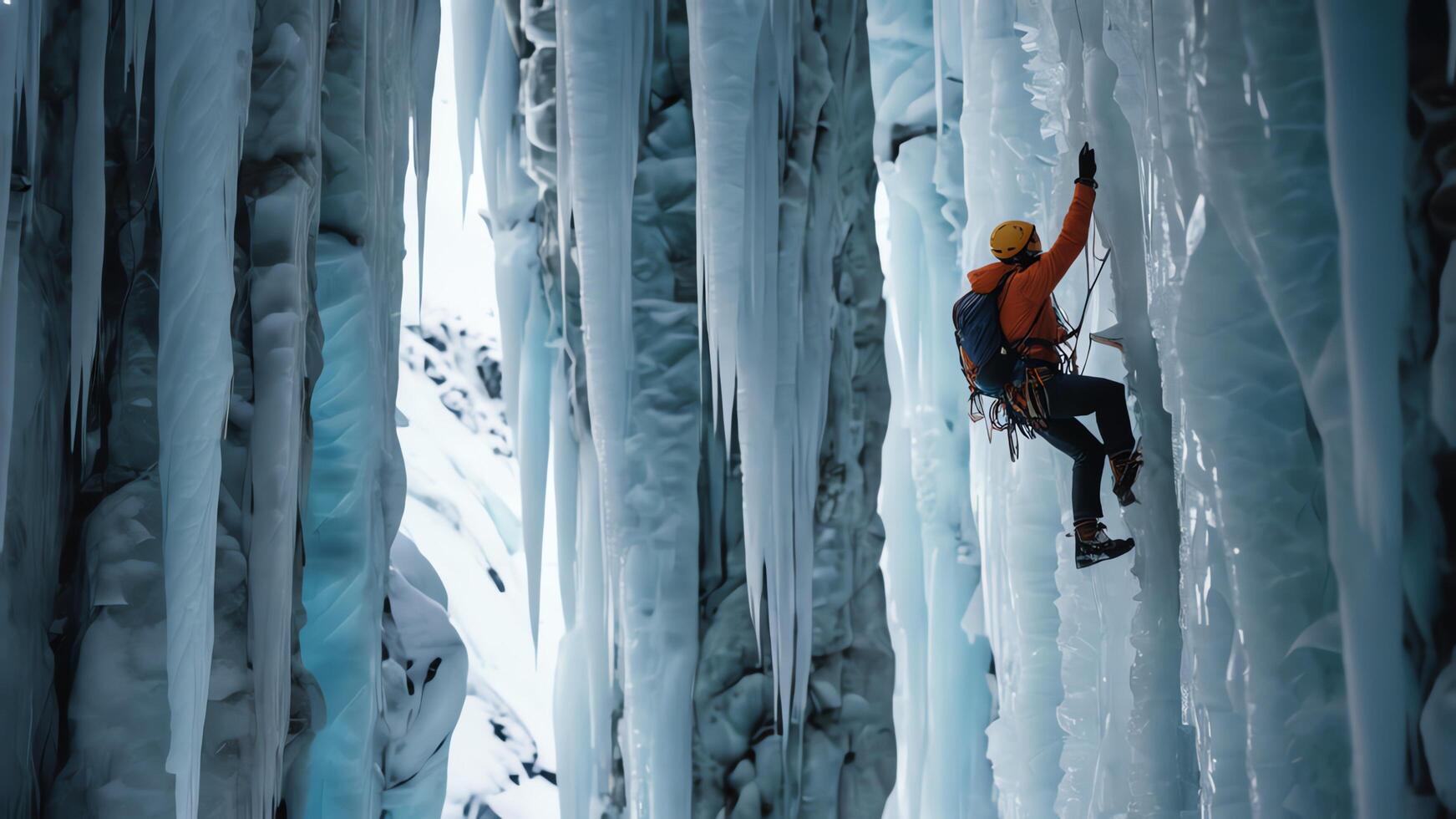 rock climbers are climbing a snow cliff, with a snow mountain landscape photo