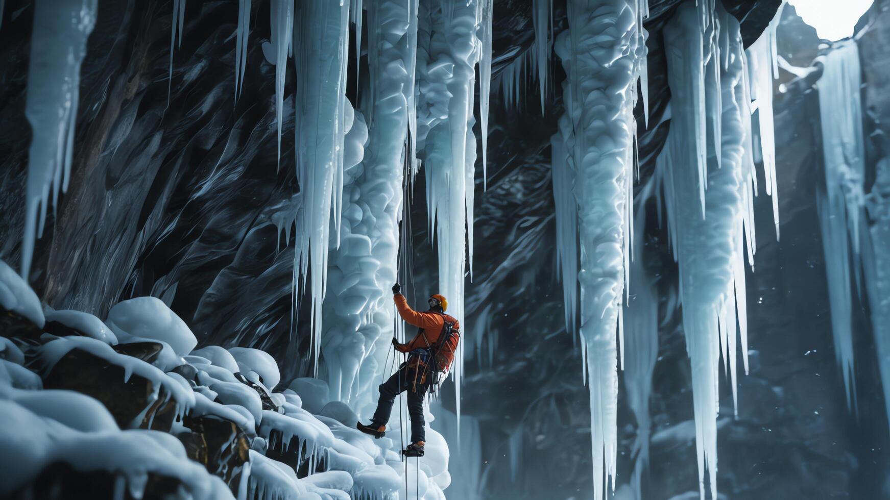 rock climbers are climbing a snow cliff, with a snow mountain landscape photo