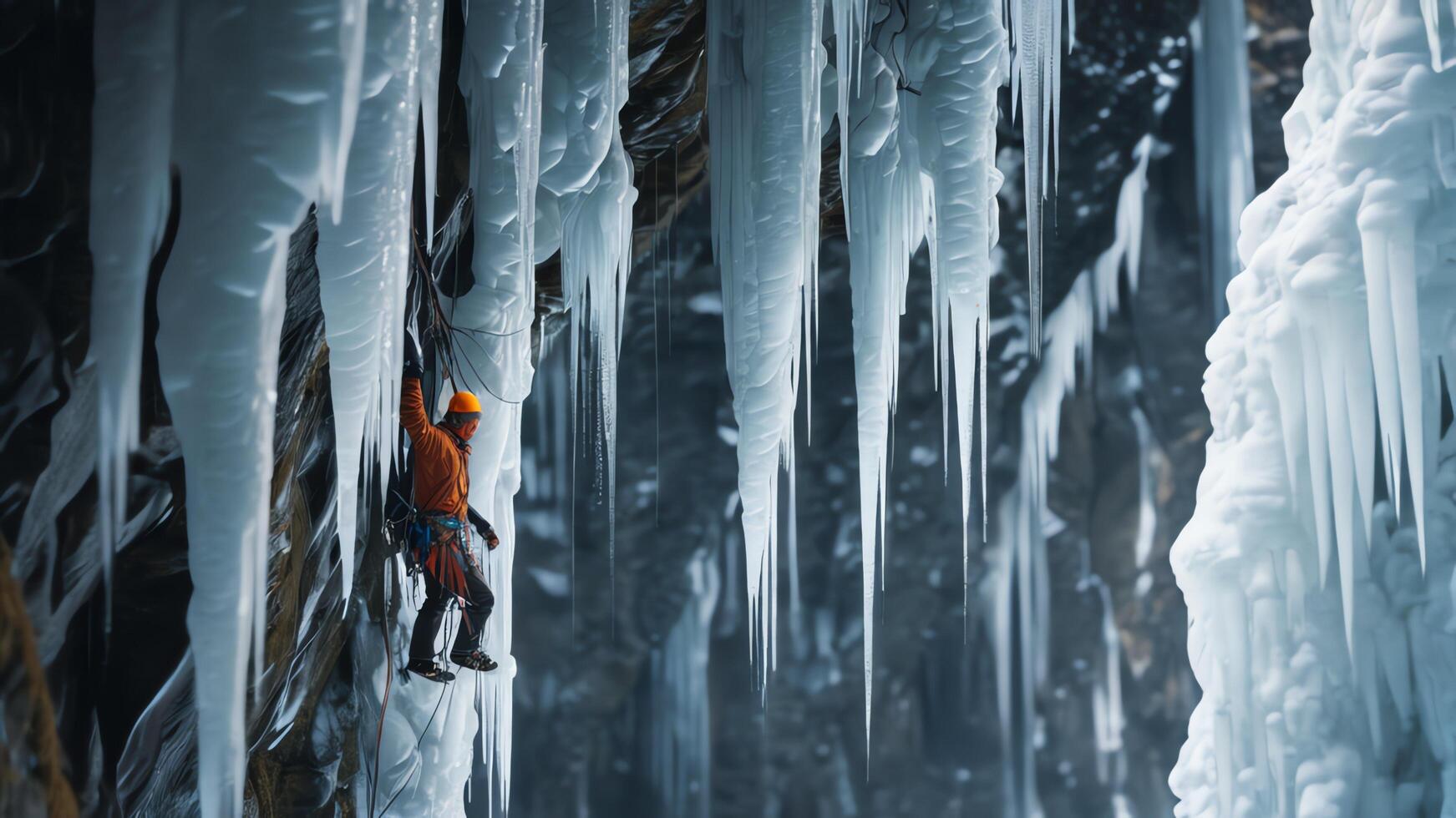 rock climbers are climbing a snow cliff, with a snow mountain landscape photo