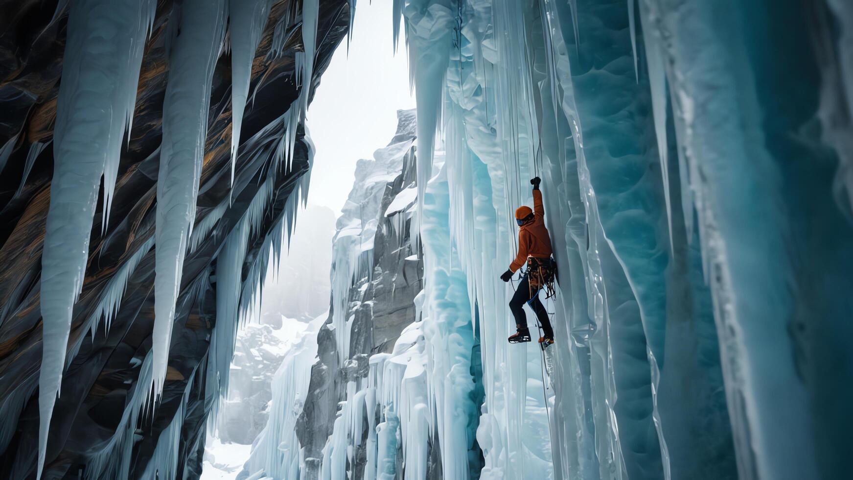 rock climbers are climbing a snow cliff, with a snow mountain landscape photo