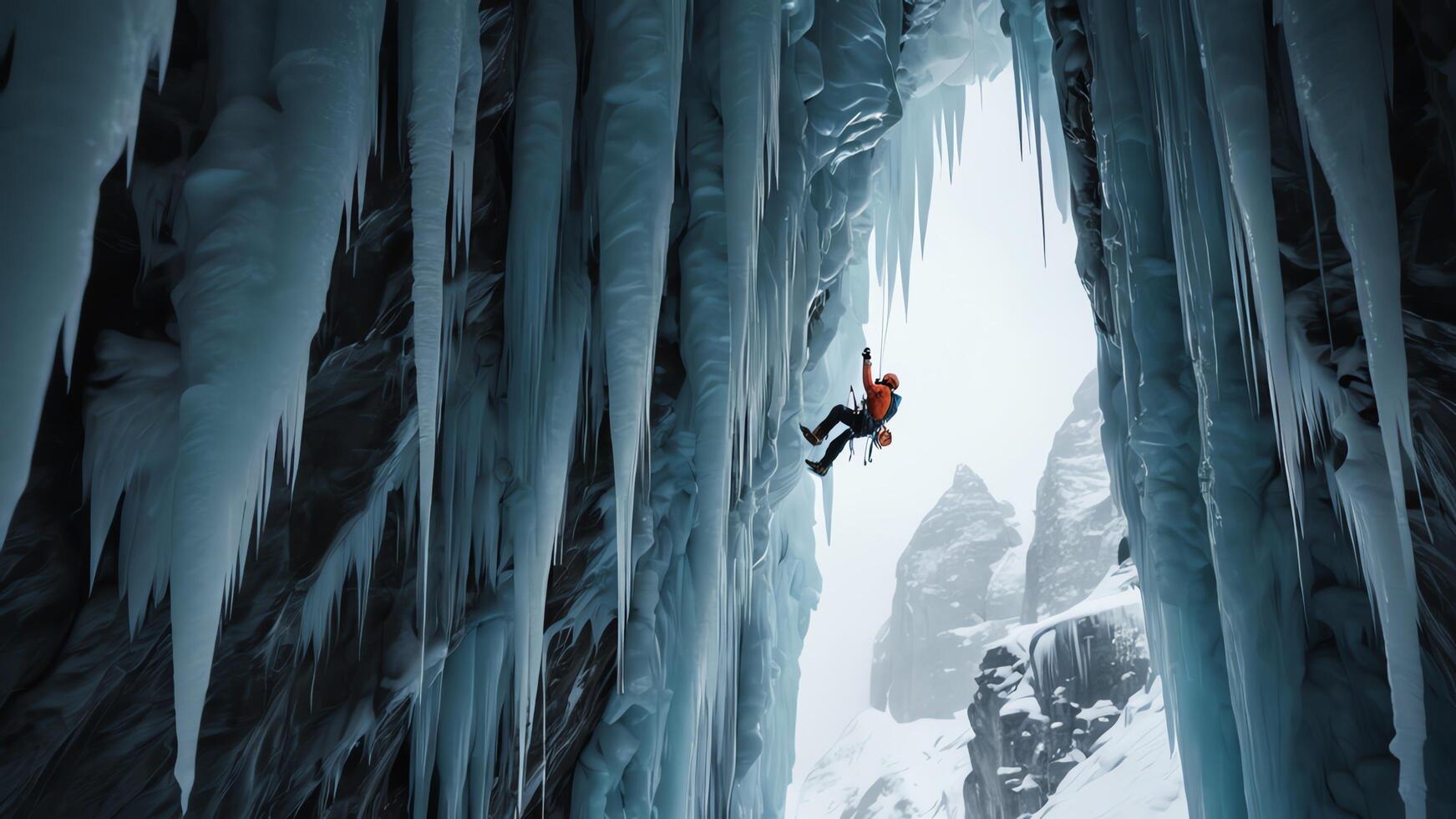 rock climbers are climbing a snow cliff, with a snow mountain landscape photo