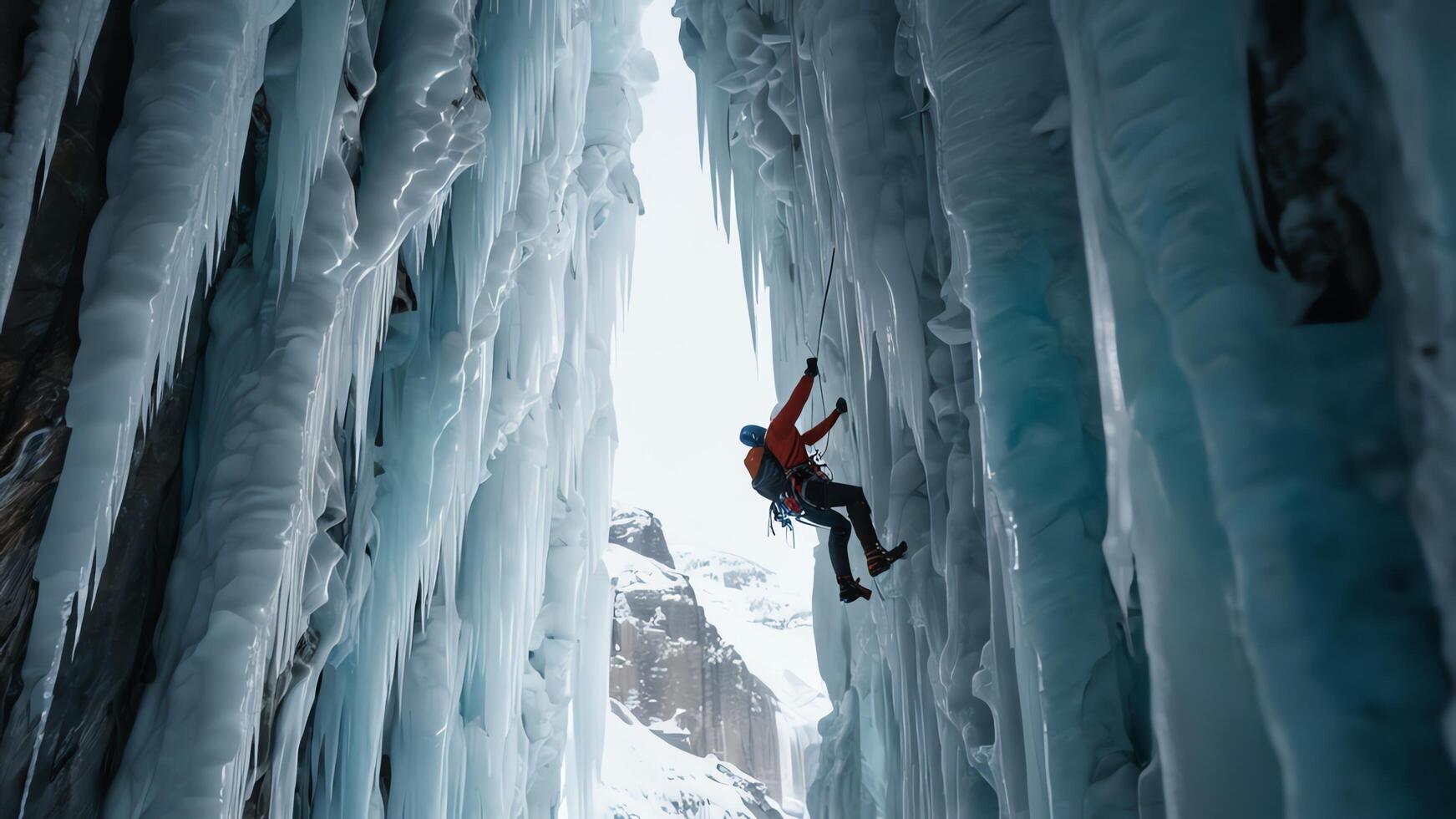 rock climbers are climbing a snow cliff, with a snow mountain landscape photo
