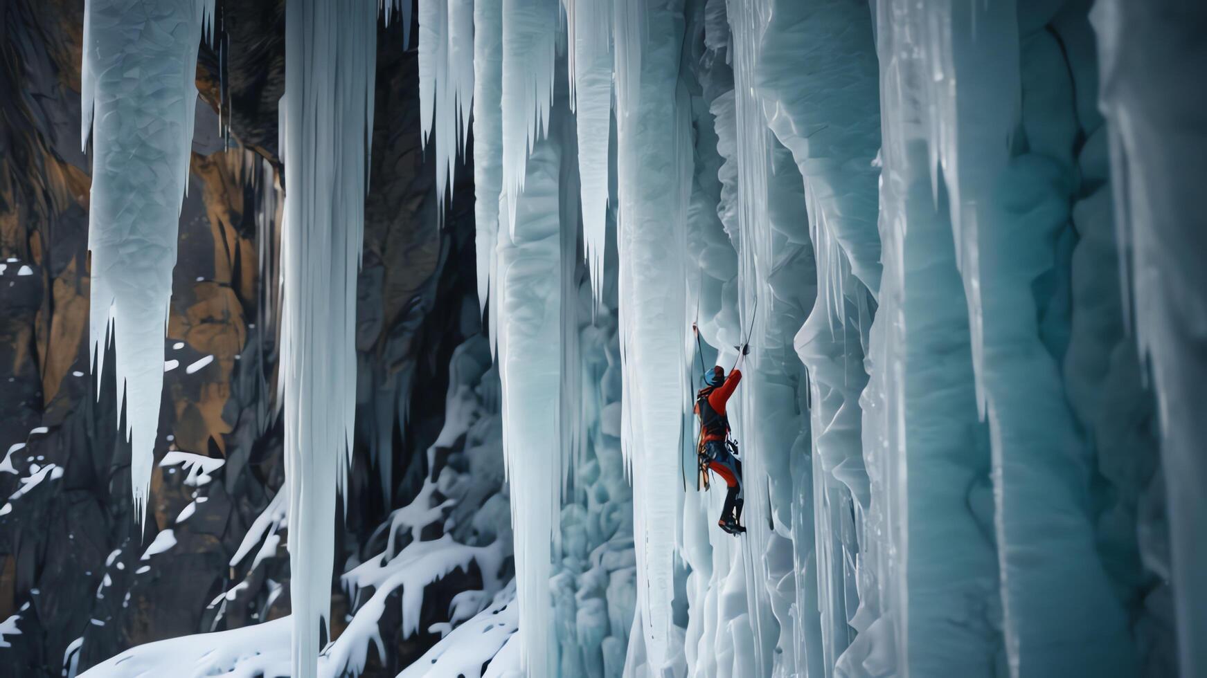 rock climbers are climbing a snow cliff, with a snow mountain landscape photo