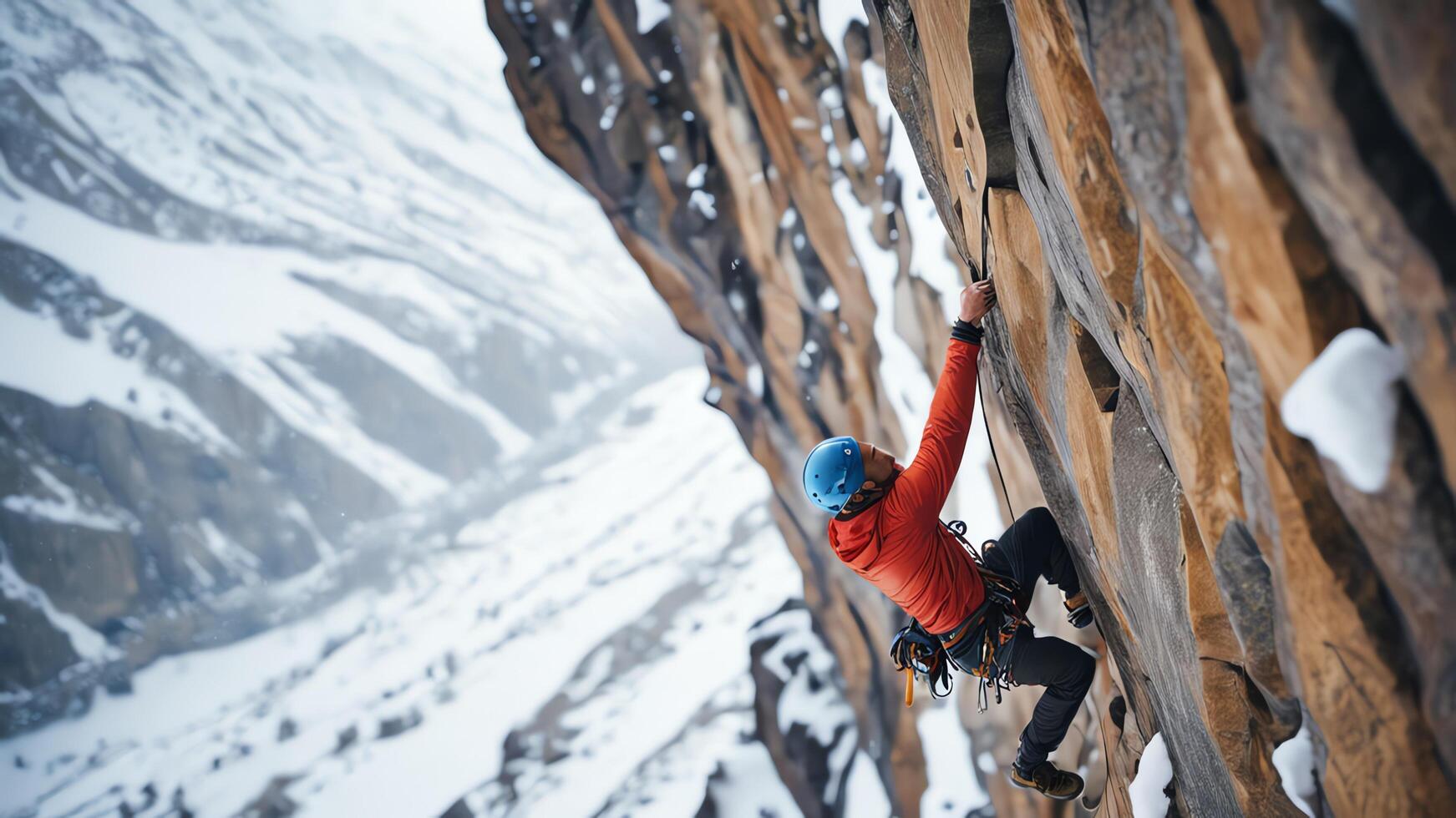 rock climbers are climbing a snow cliff, with a snow mountain landscape photo
