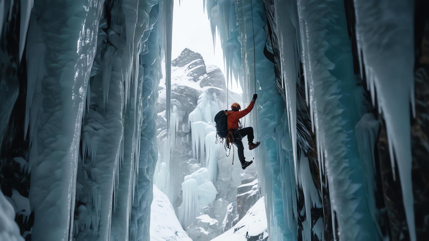 rock climbers are climbing a snow cliff, with a snow mountain landscape photo