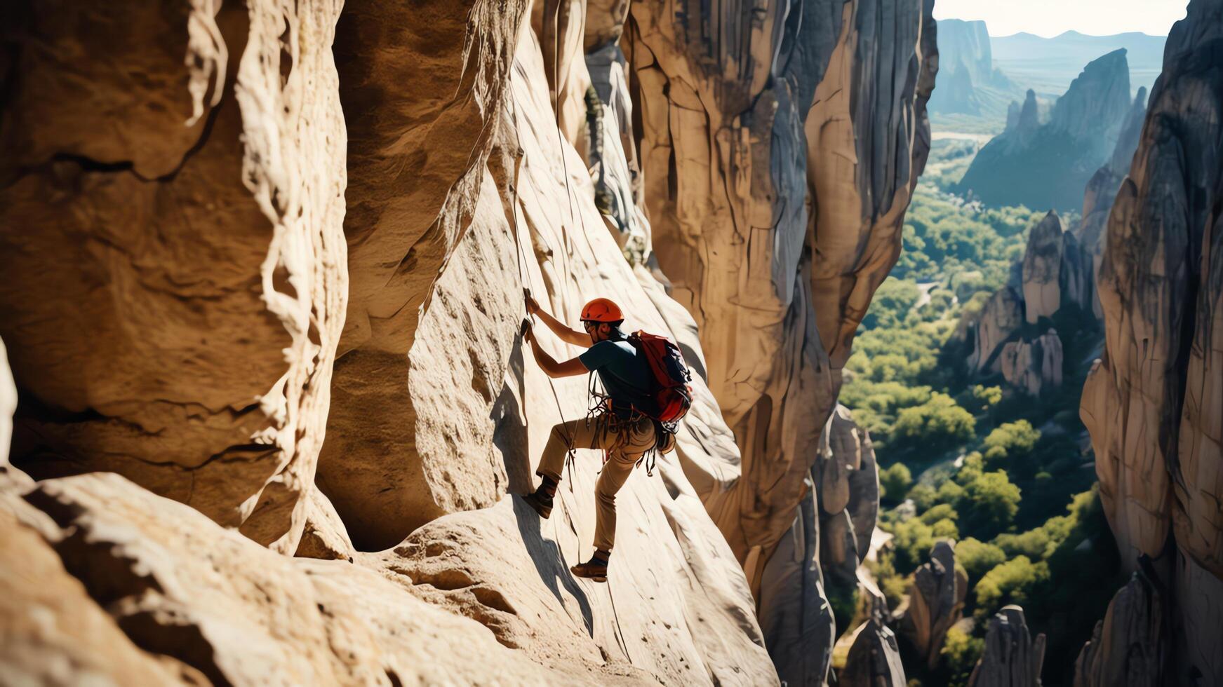 rock climber is climbing a cliff photo