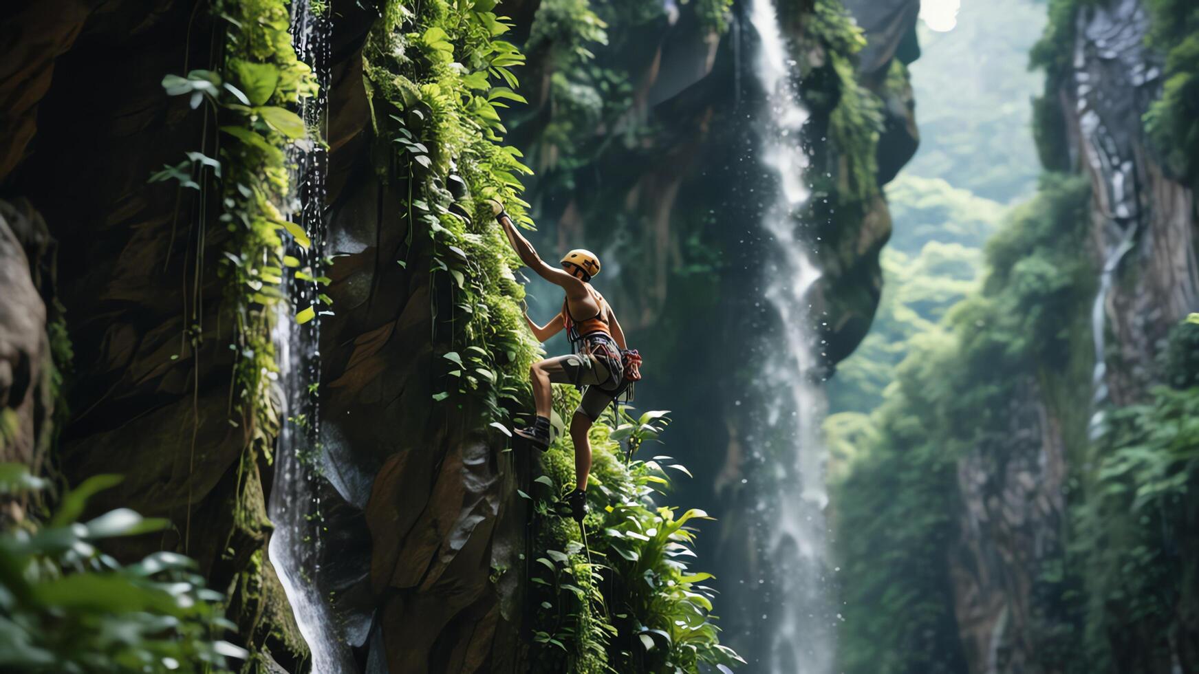 rock climber is climbing a cliff, wide landscape of slippery cliffs in tropical forest photo