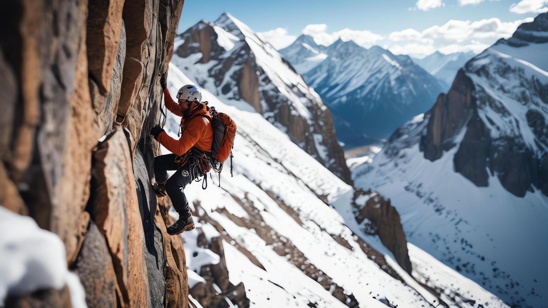 rock climbers are climbing a snow cliff, with a snow mountain landscape photo