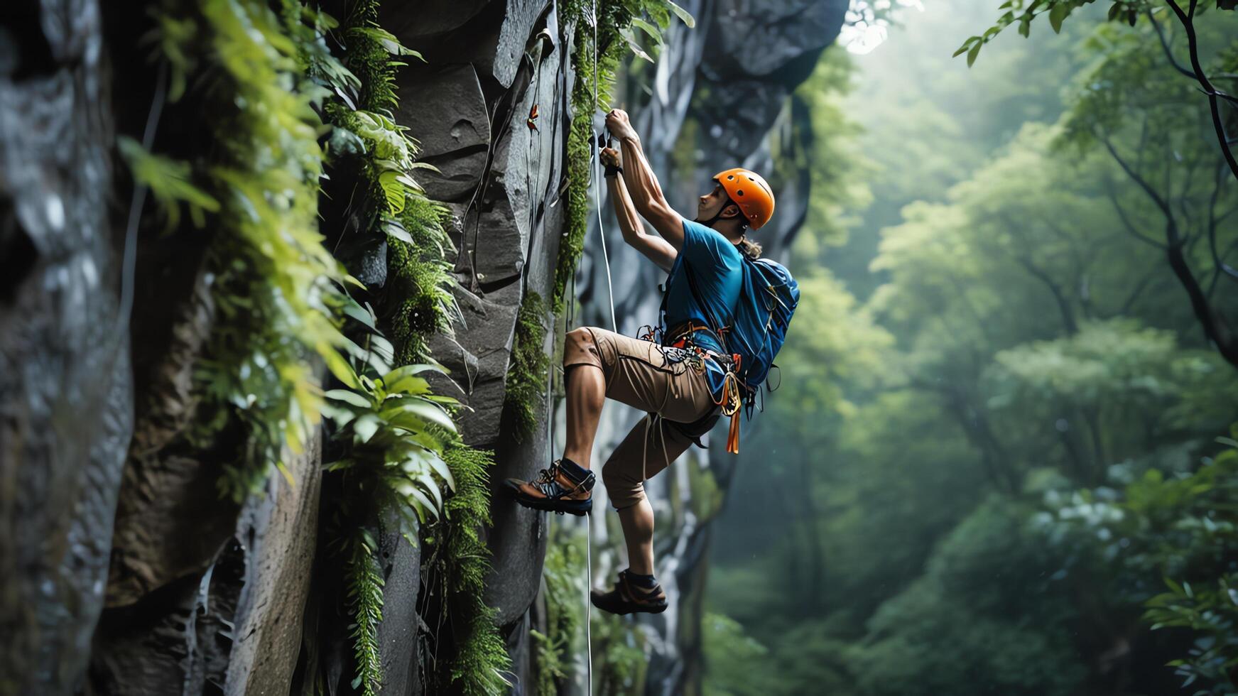 rock climber is climbing a cliff, wide landscape of slippery cliffs in tropical forest photo