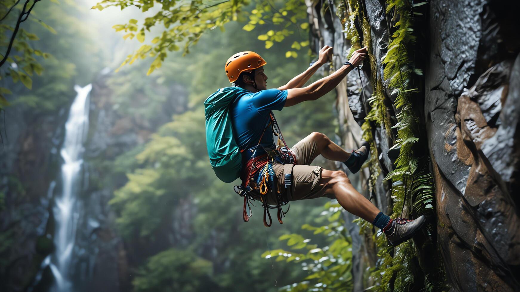 rock climber is climbing a cliff, wide landscape of slippery cliffs in tropical forest photo