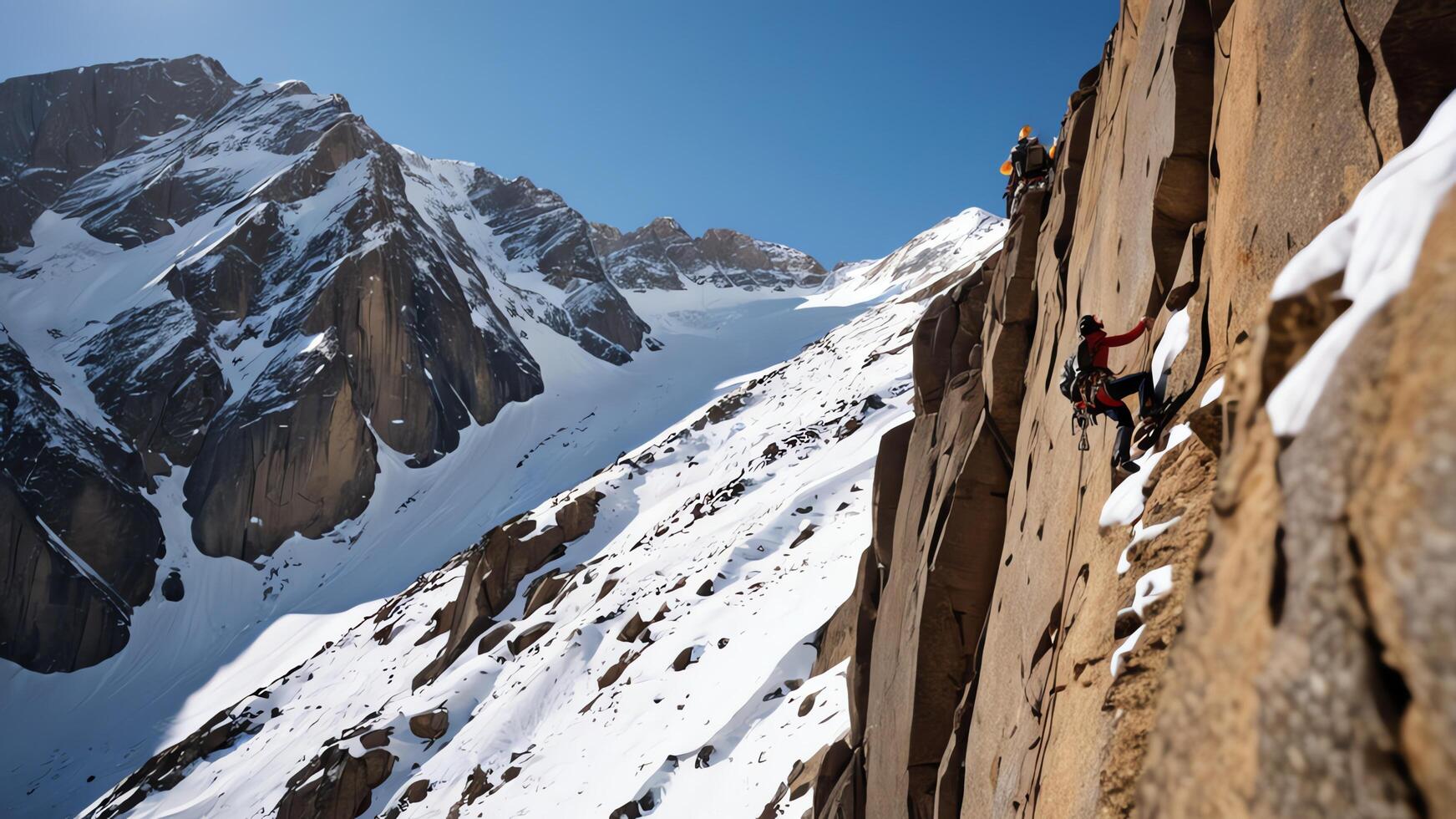rock climbers are climbing a snow cliff, with a snow mountain landscape photo