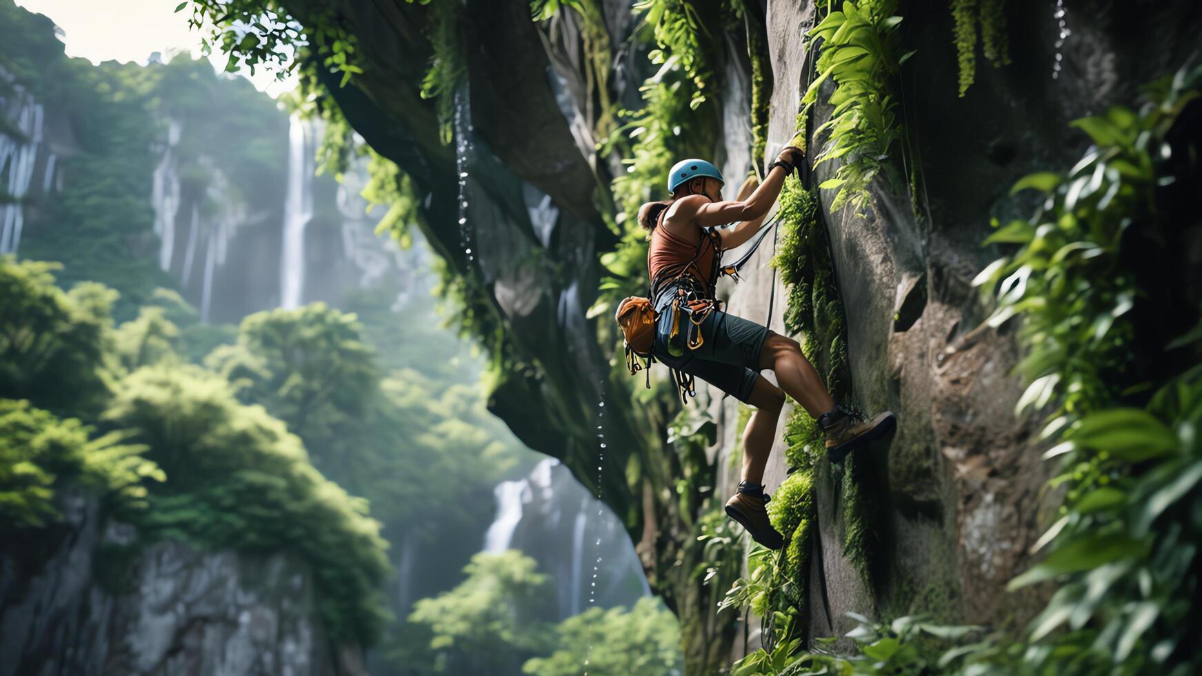 rock climber is climbing a cliff, wide landscape of slippery cliffs in tropical forest photo
