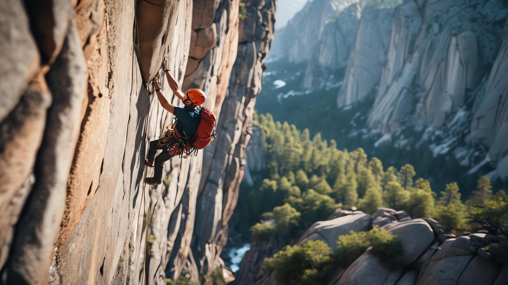 rock climber is climbing a cliff, wide landscape of rock cliffs photo