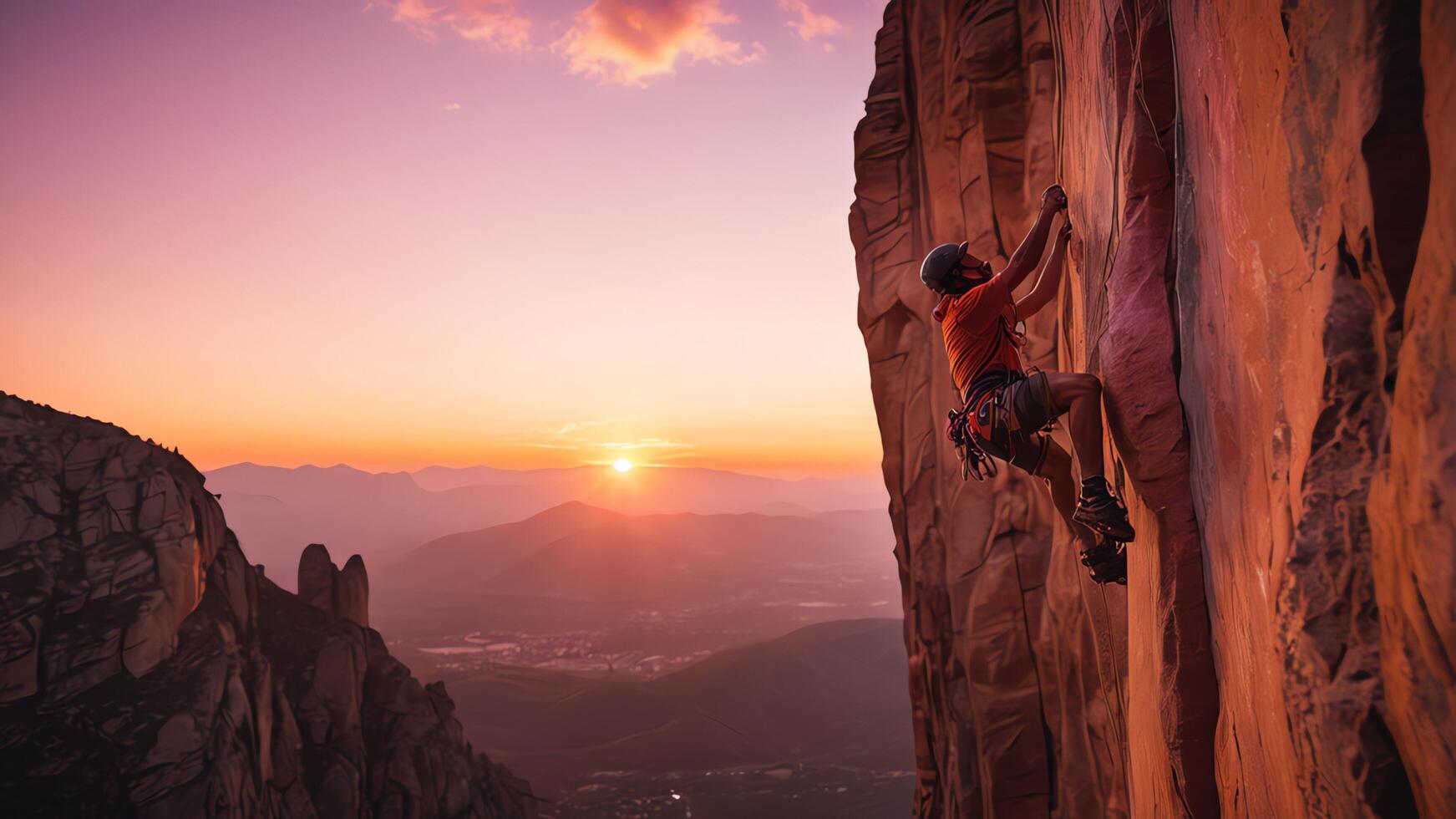 rock climber is climbing a cliff, wide landscape of rock cliffs with sunset photo