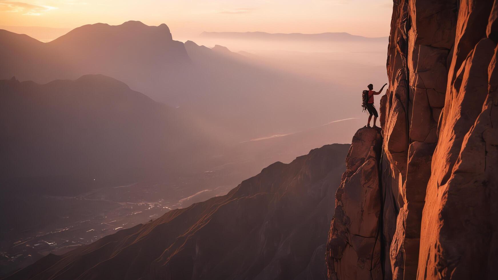 rock climber is climbing a cliff, wide landscape of rock cliffs with sunset photo