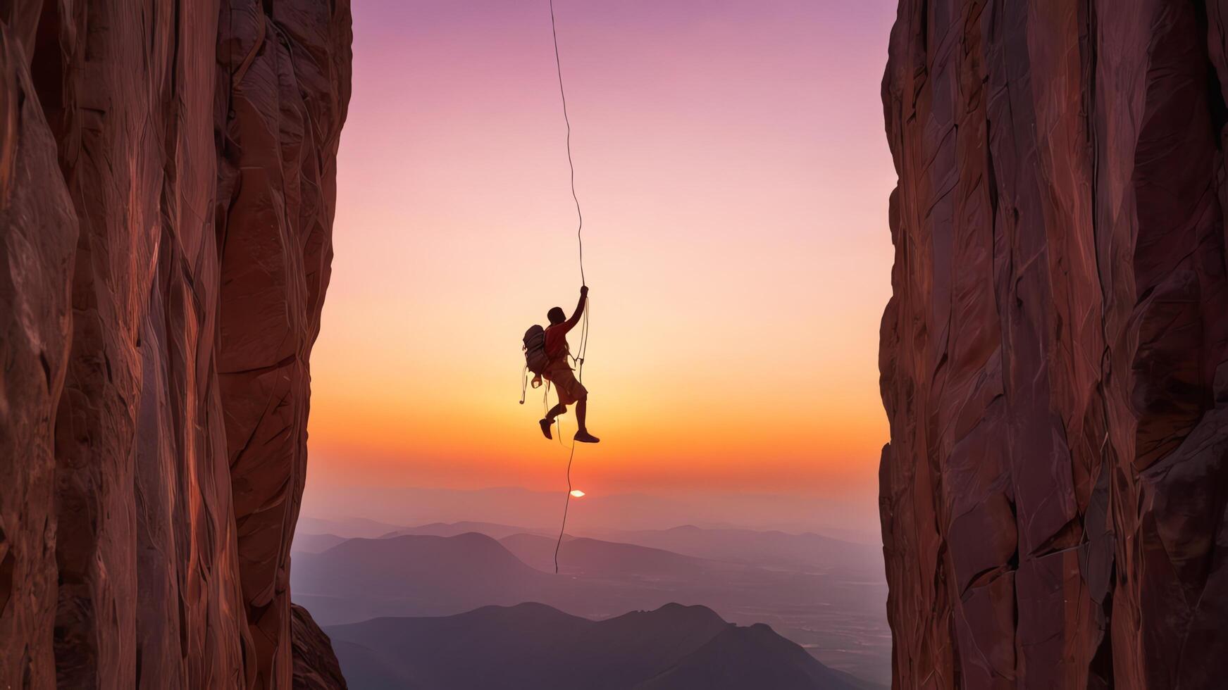 rock climber is climbing a cliff, wide landscape of rock cliffs with sunset photo