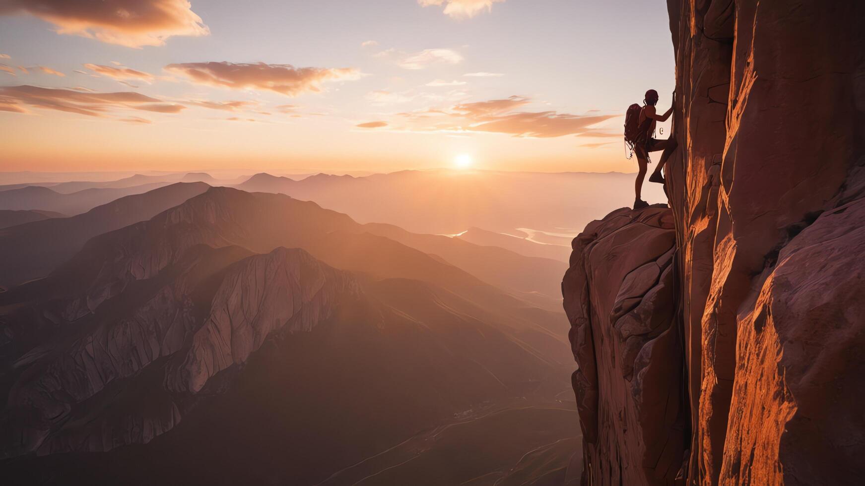 rock climber is climbing a cliff, wide landscape of rock cliffs with sunset photo