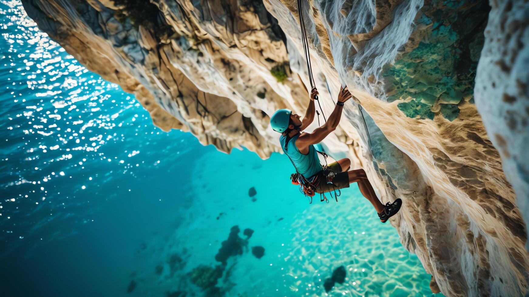 rock climbers are climbing coral cliffs, with a landscape of the ocean below photo