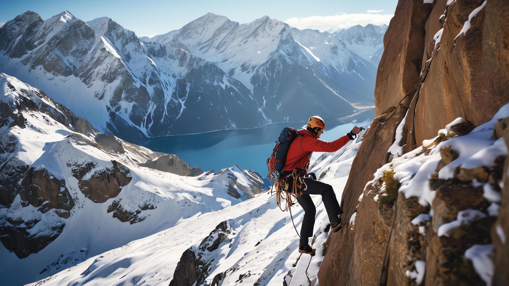 rock climbers are climbing a snow cliff, with a snow mountain landscape photo