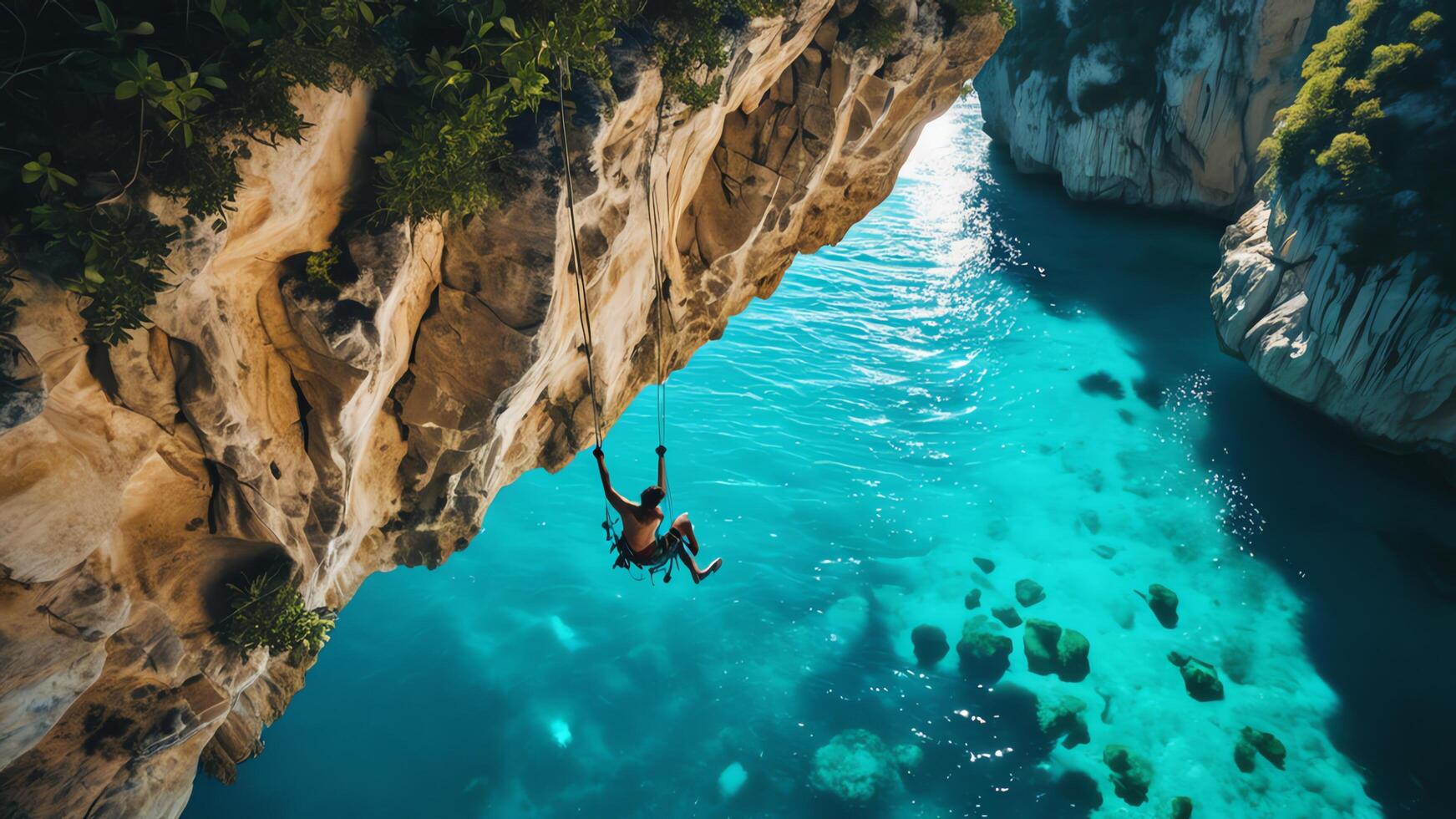 rock climbers are climbing coral cliffs, with a landscape of the ocean below photo