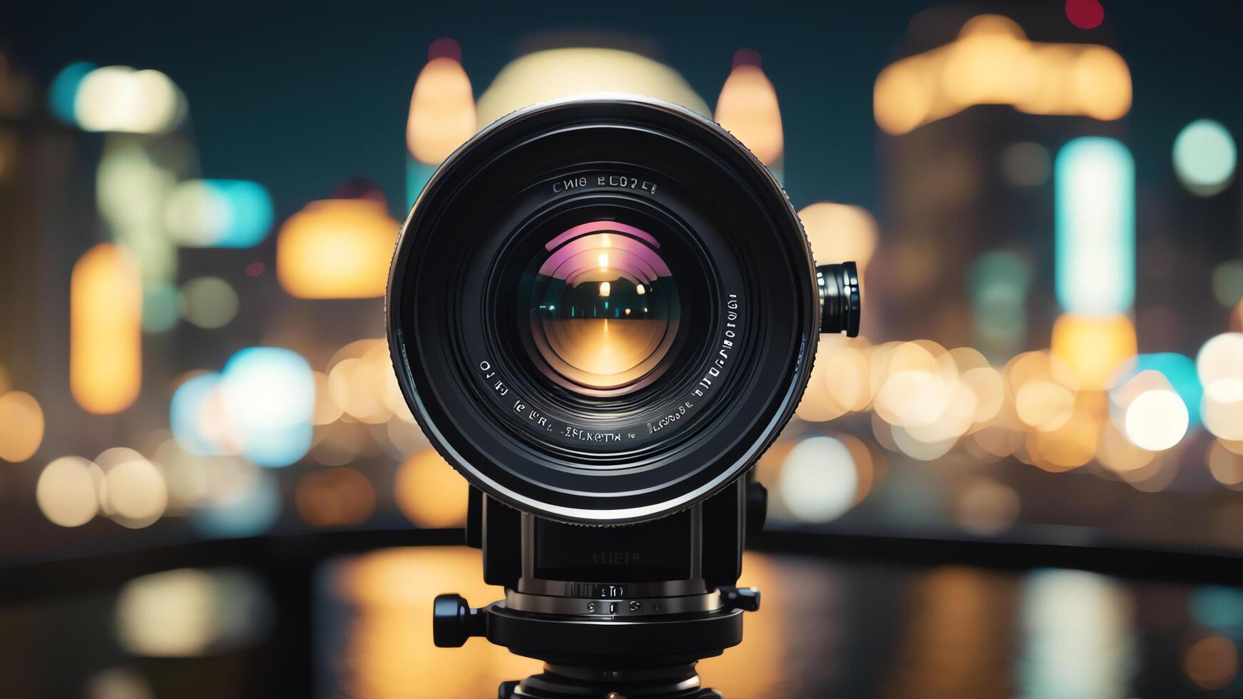 a camera lens is shown in front of a cityscape photo