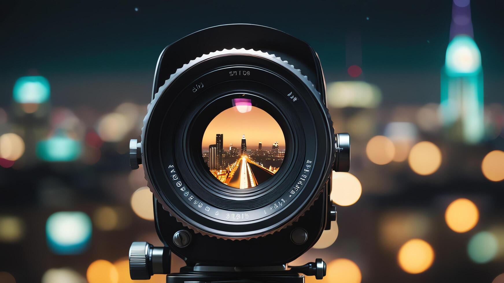 a camera lens is shown in front of a cityscape photo
