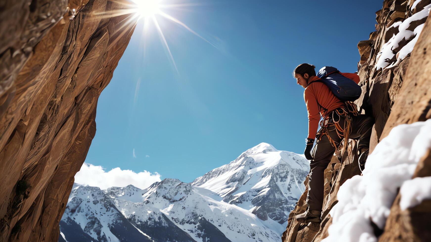 rock climbers are climbing a snow cliff, with a snow mountain landscape photo