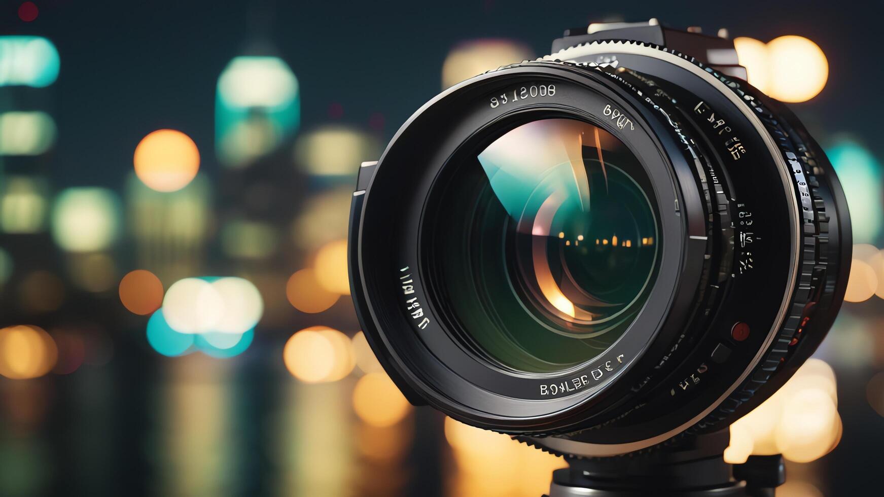 a camera lens is shown in front of a cityscape photo