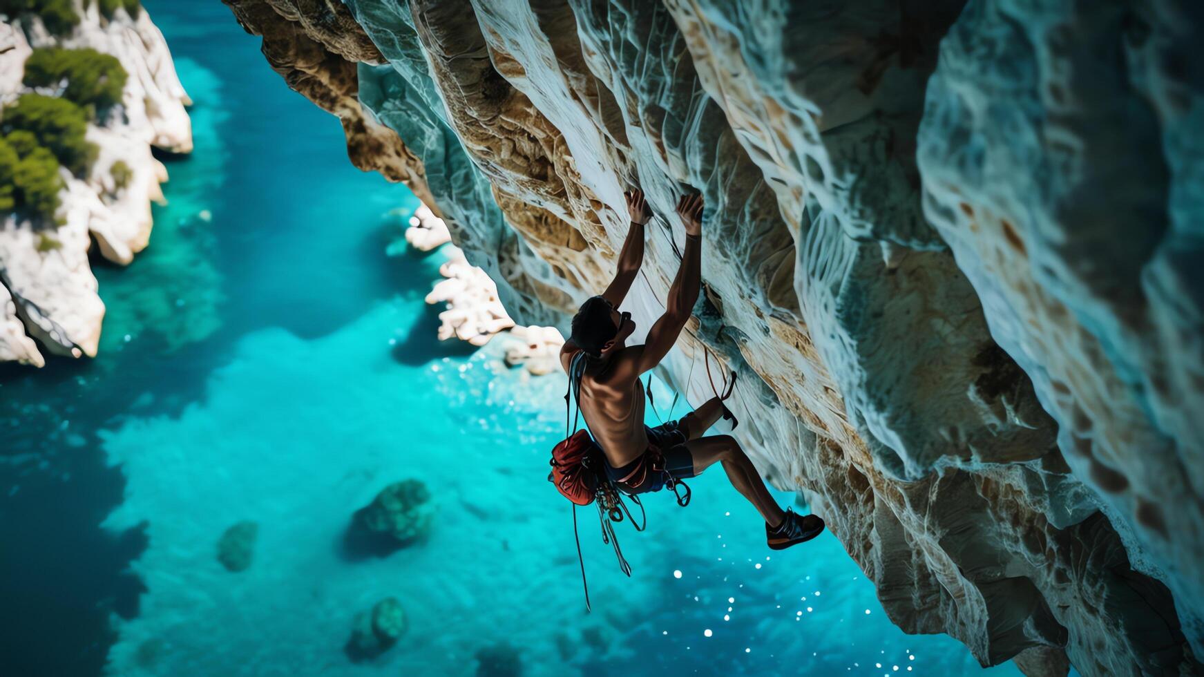 rock climbers are climbing coral cliffs, with a landscape of the ocean below photo