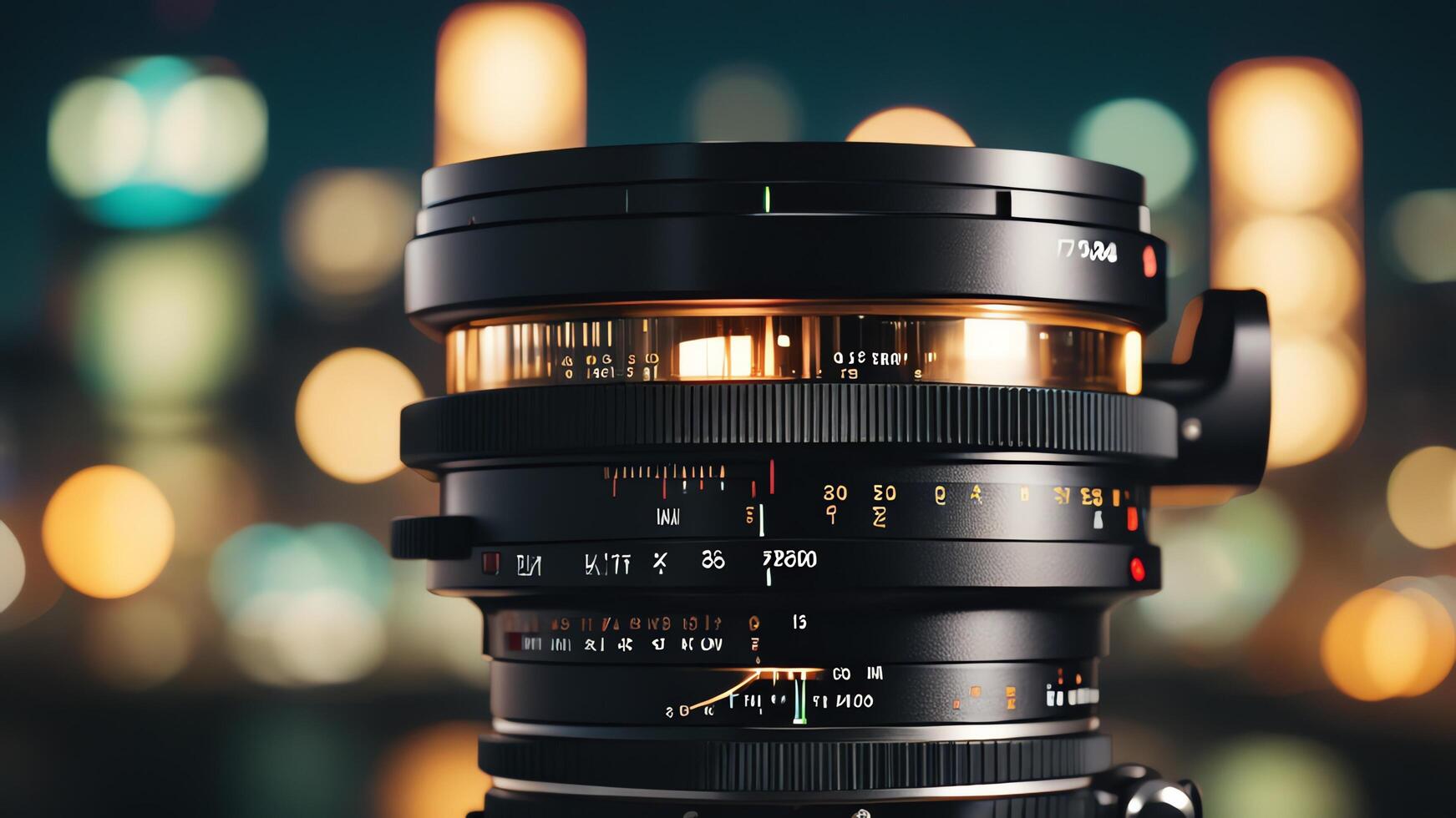 a camera lens is shown in front of a cityscape photo