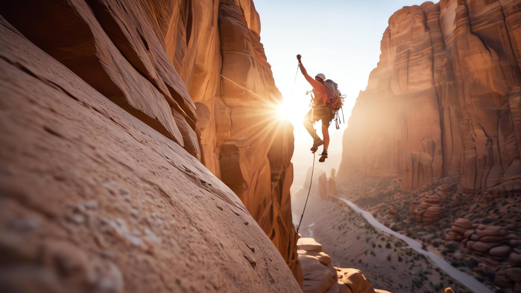 rock climber is climbing a cliff, wide landscape of rock cliffs photo