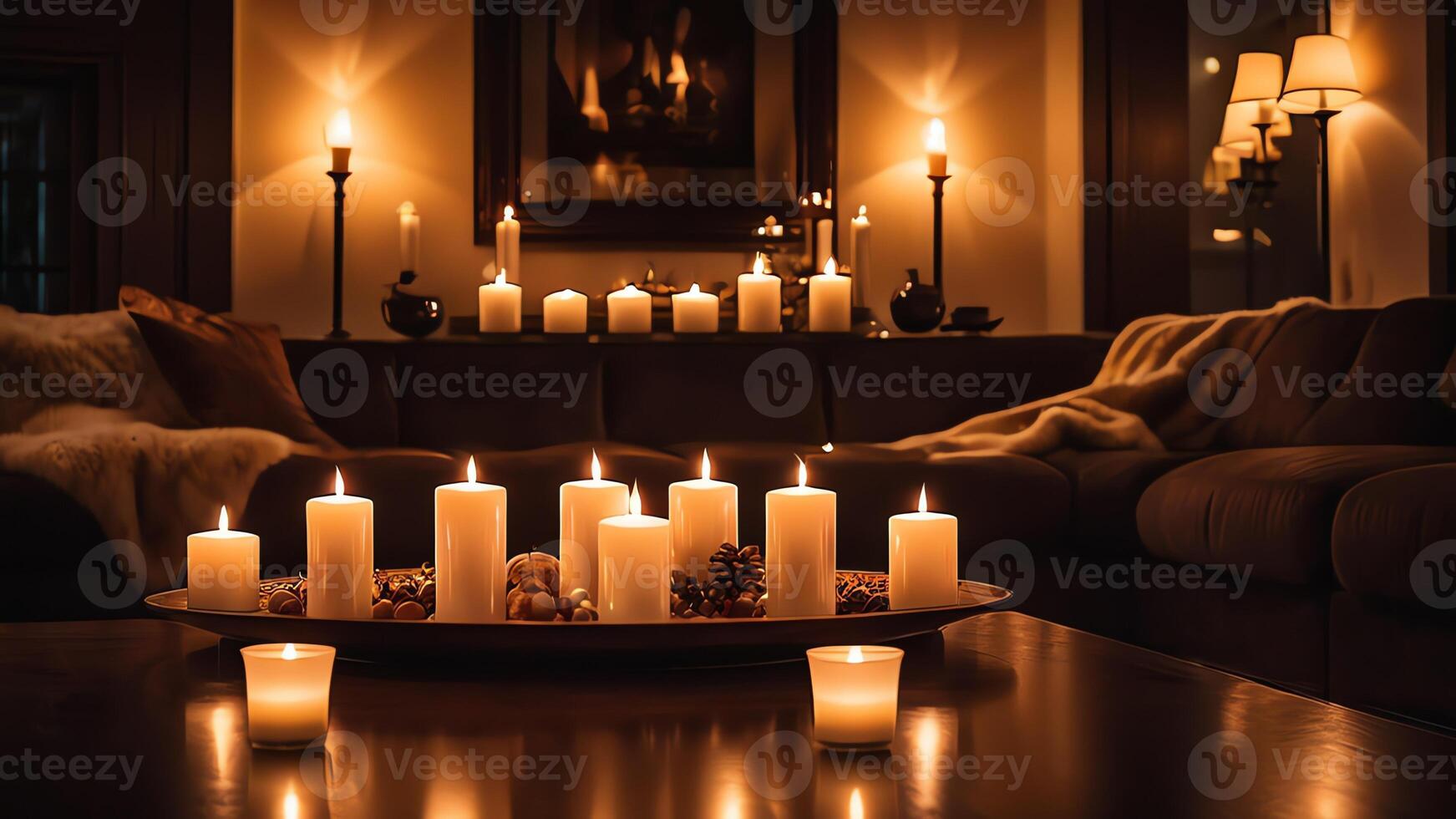 candles are lit in front of a couch and fireplace photo