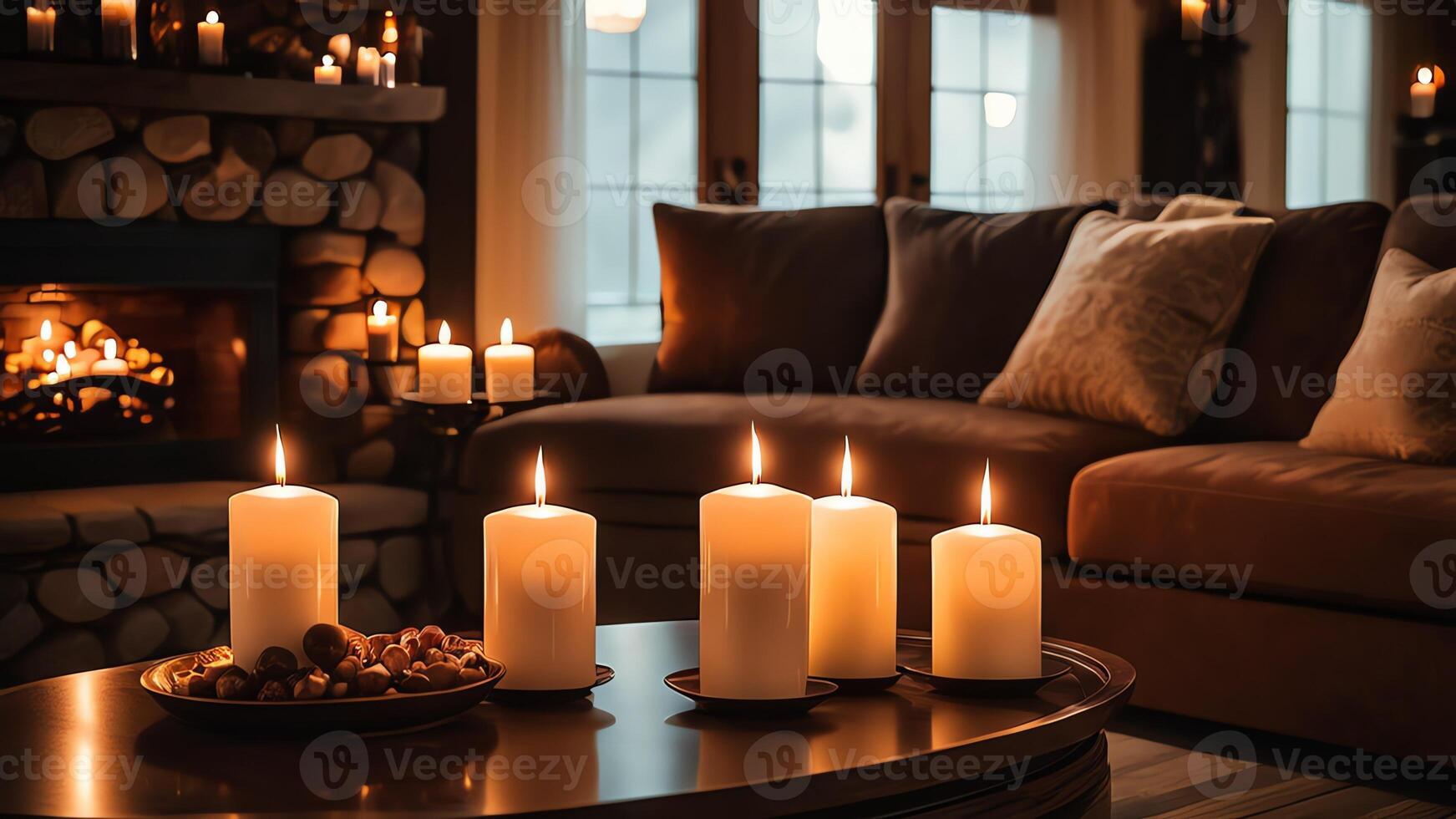 candles are lit in front of a couch and fireplace photo
