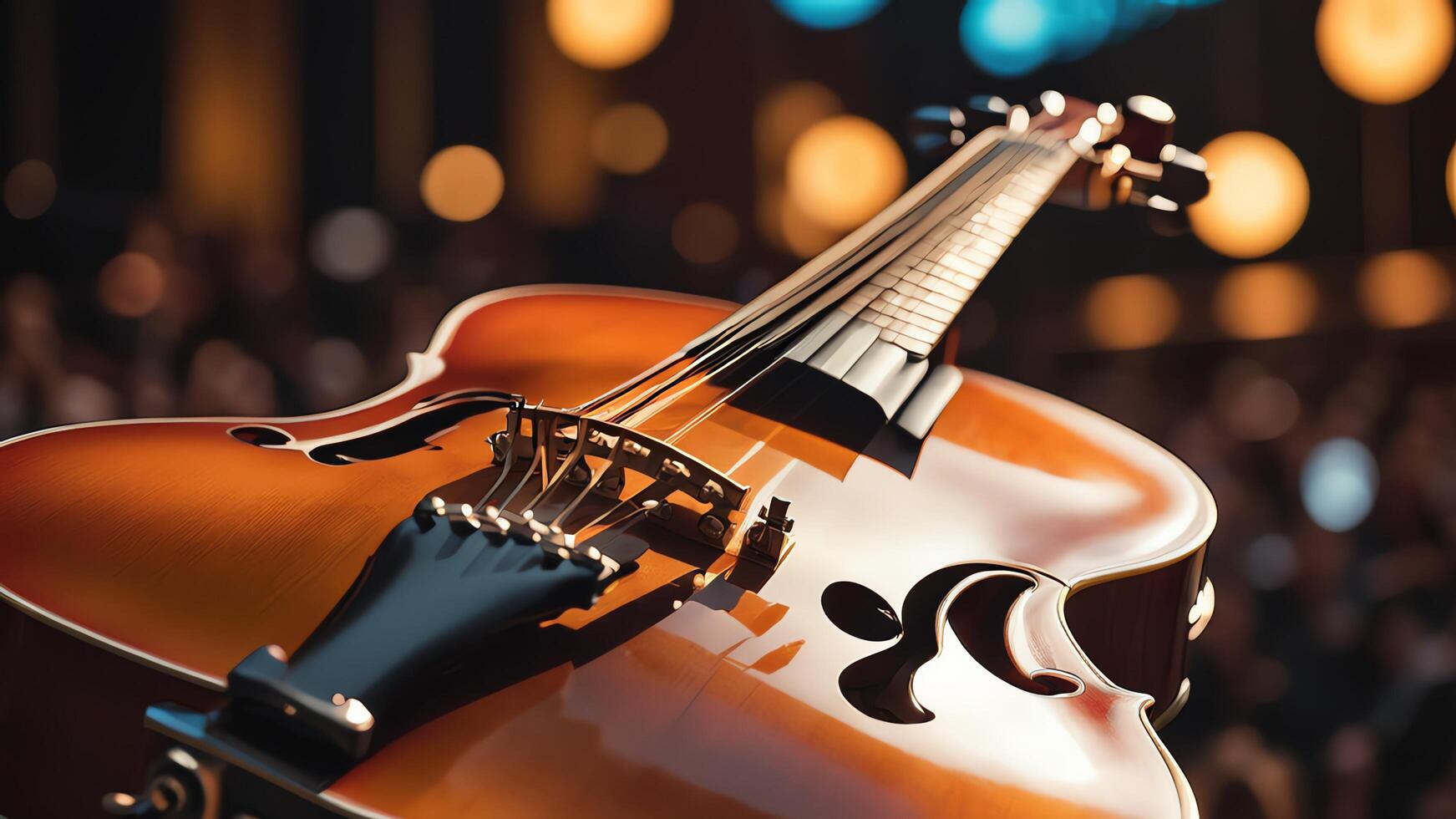 a violin is sitting on a stand in front of a crowd photo