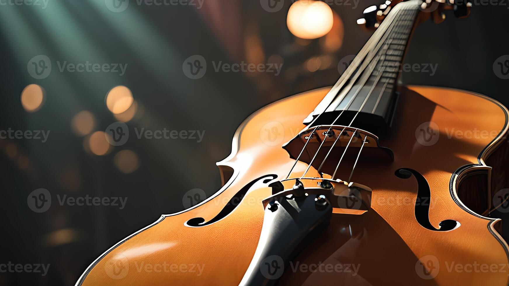 a violin is sitting on a stand in front of a crowd photo