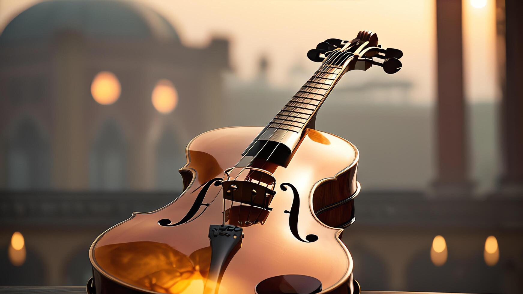 a violin is sitting on a stand in front of a crowd photo