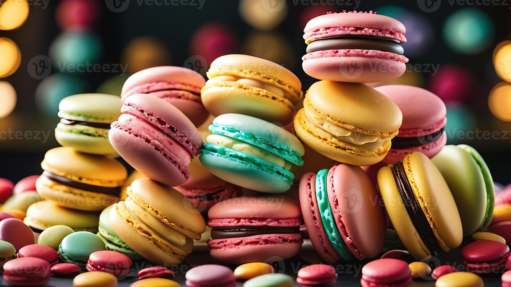 colorful macarons on a table with bokeh background photo