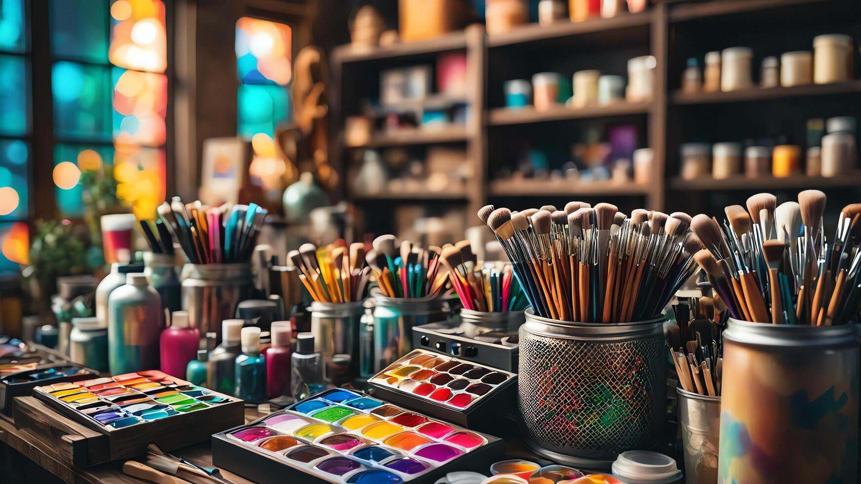 many paint brushes and paint pots are on a table photo