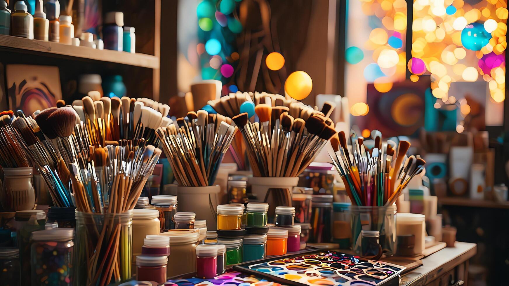 many paint brushes and paint pots are on a table photo