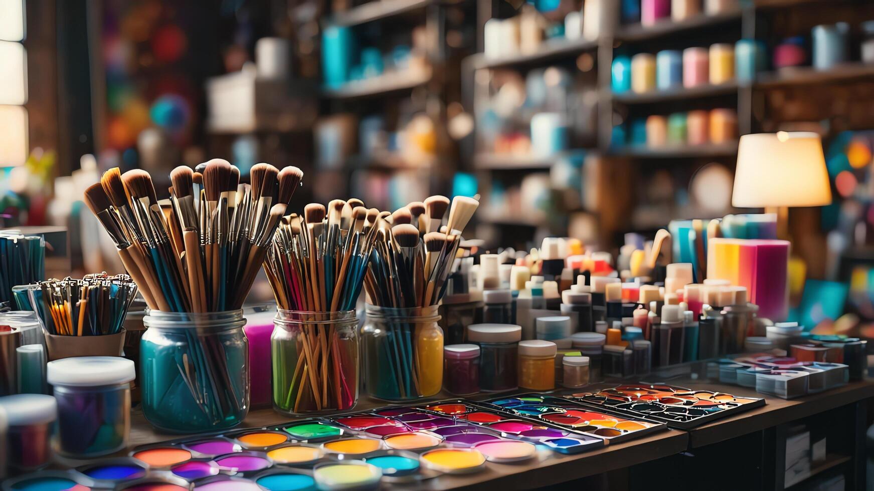 many paint brushes and paint pots are on a table photo