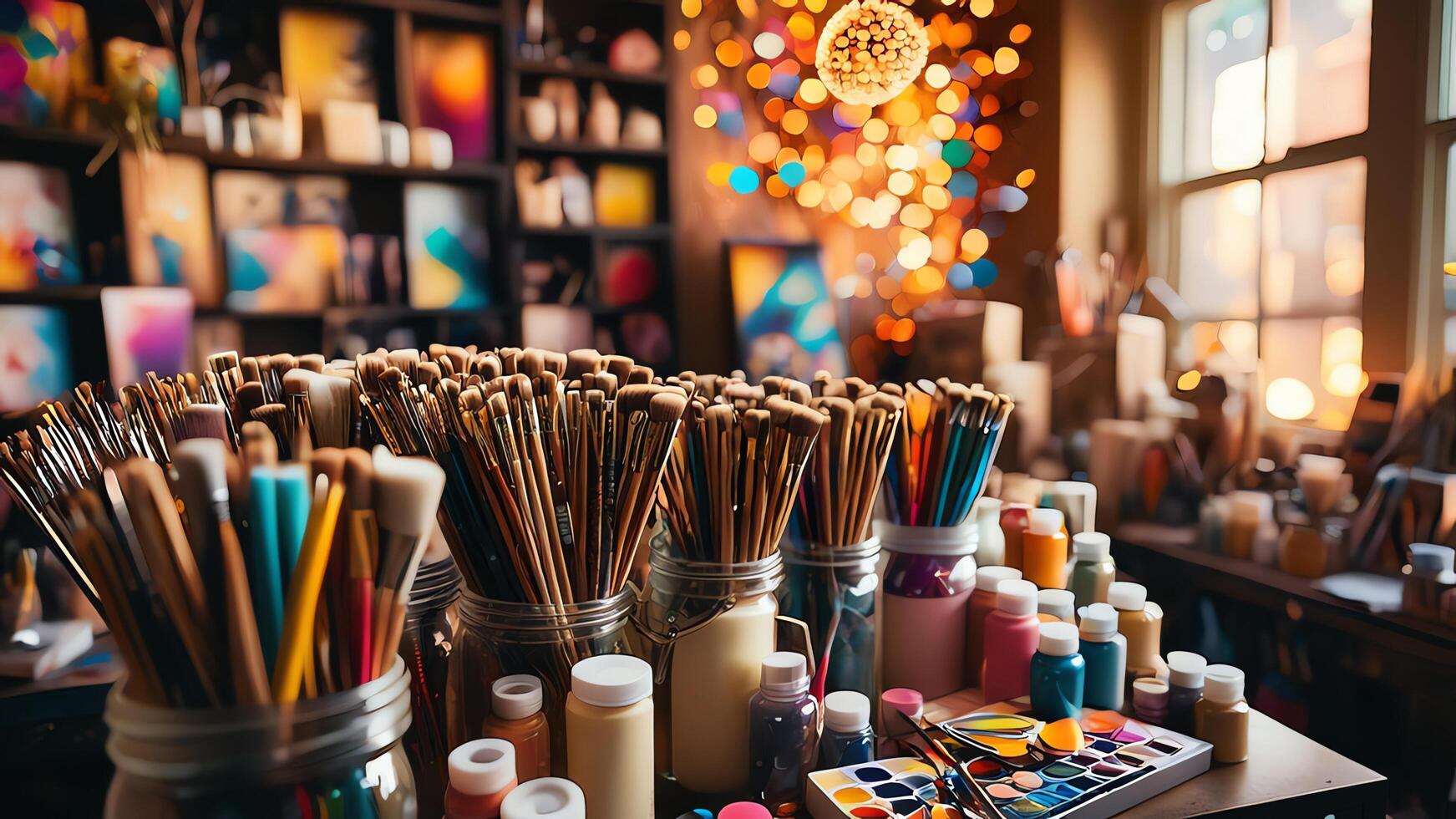 many paint brushes and paint pots are on a table photo