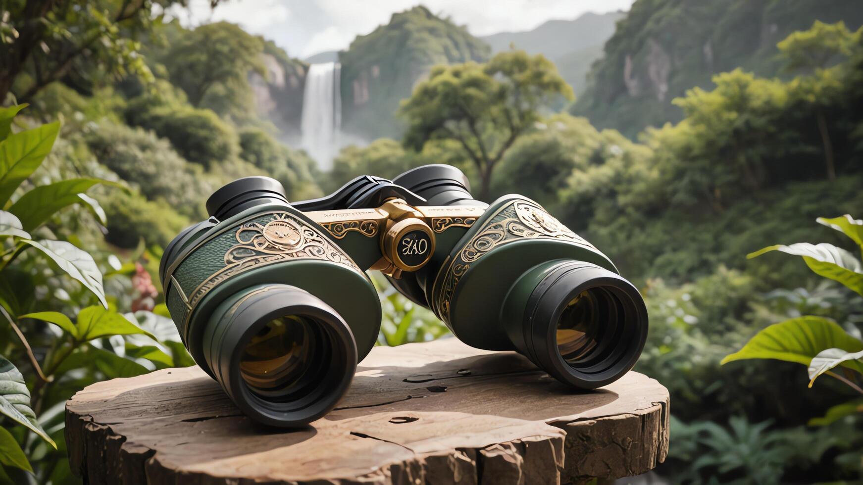 two binoculars sitting on top of a wooden table photo