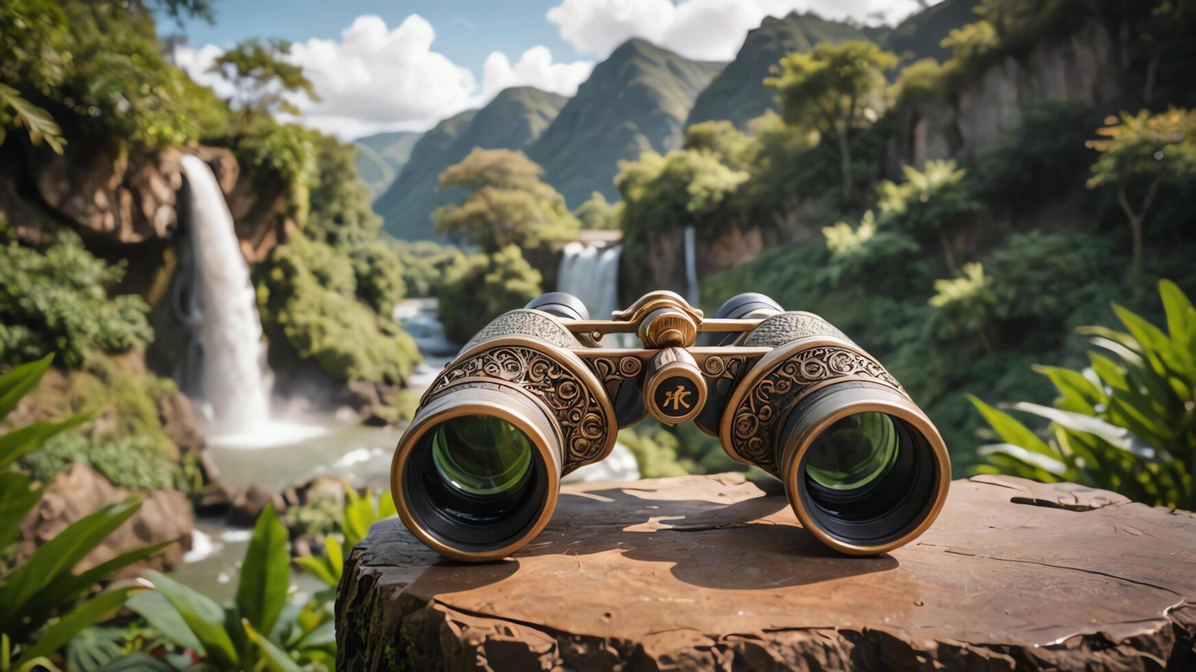 two binoculars sitting on top of a wooden table photo