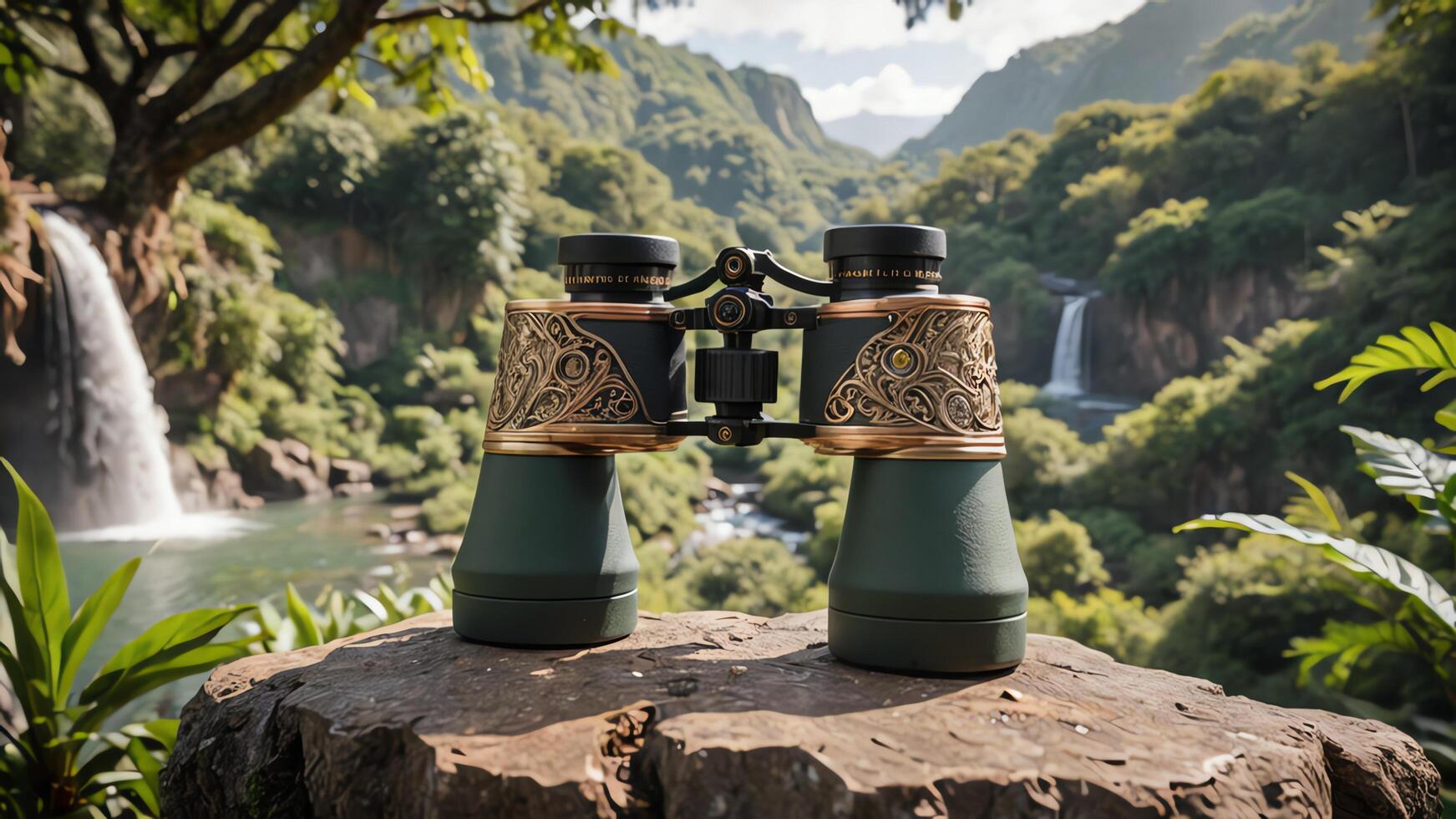 two binoculars sitting on top of a wooden table photo
