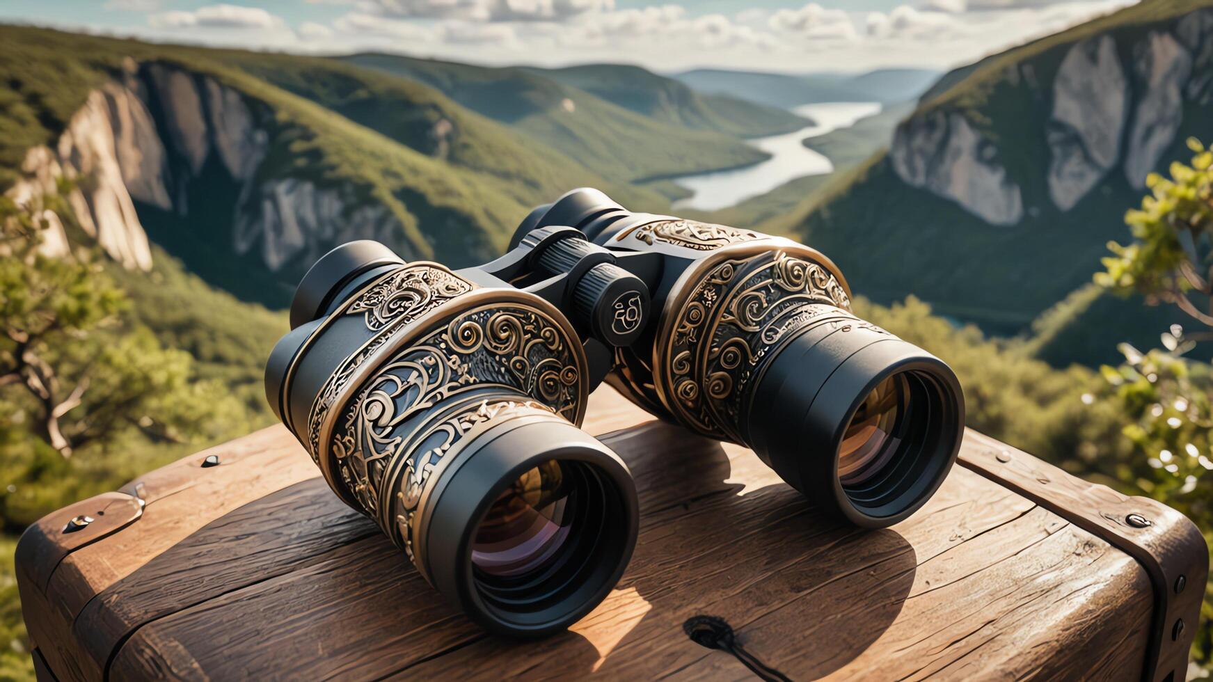 two binoculars sitting on top of a wooden table photo