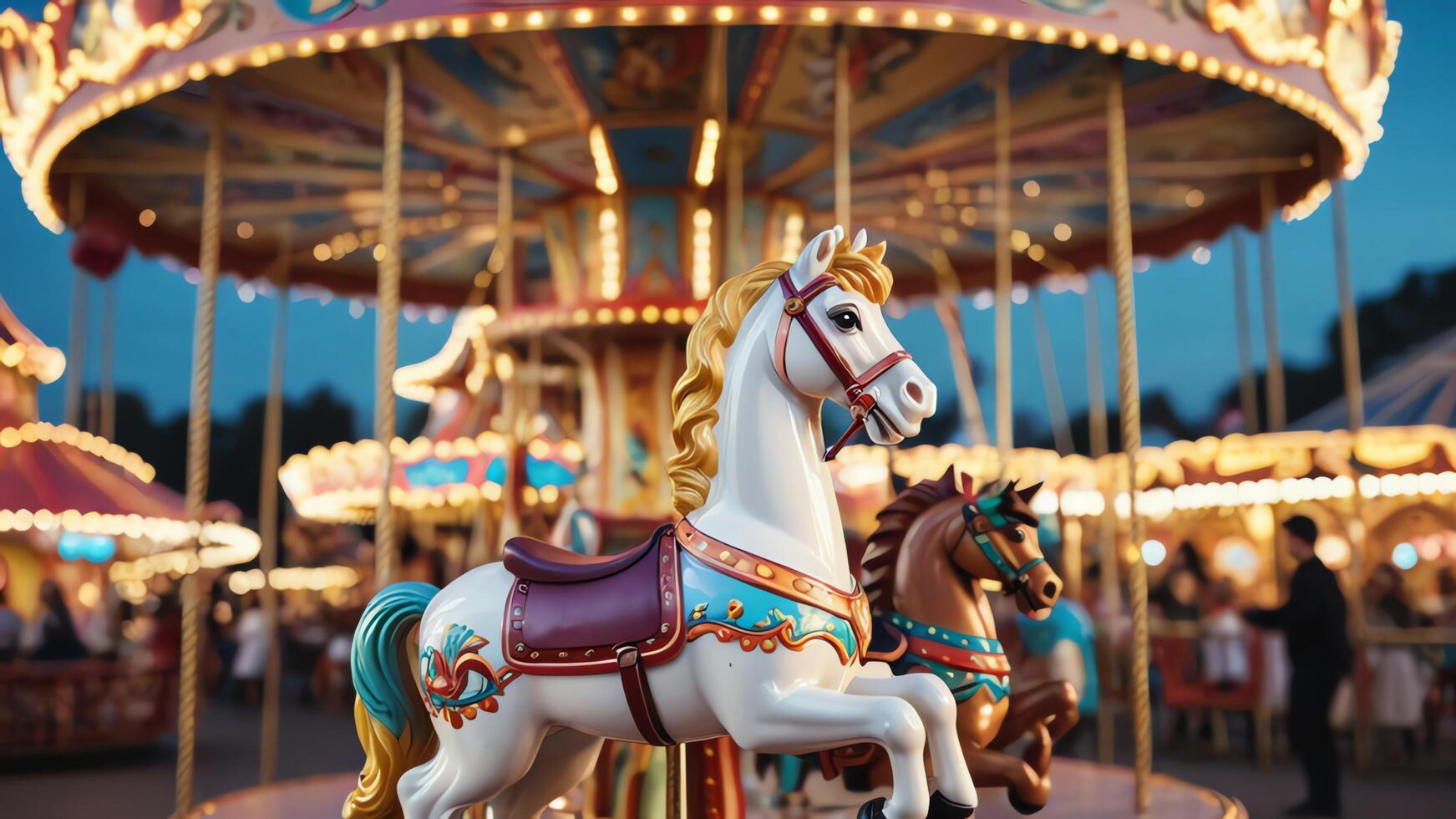 a carousel with horses and people at night photo